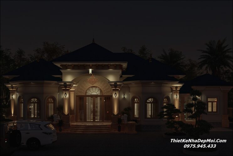 Hình ảnh view đêm mẫu biệt thự 1 tầng 4 phòng ngủ 300m2 ngang 30m 