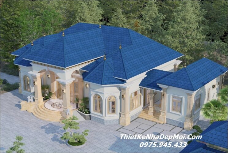 Mẫu thiết kế nhà villa vườn đẹp 1 tầng 4 phòng ngủ tân cổ điển châu âu 
