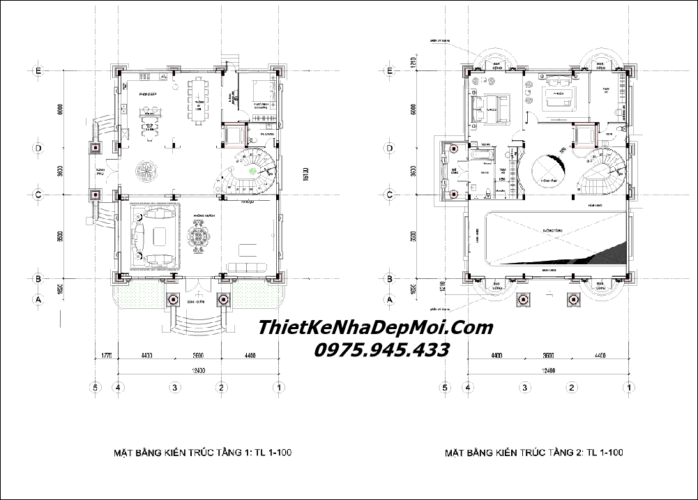 Bản vẽ kiến trúc biệt thự Pháp thông tầng 