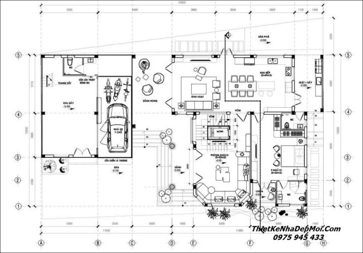 Bản vẽ thiết kế biệt thự mặt tiền 25m bề sâu ngắn 12m mái Thái 3 tầng