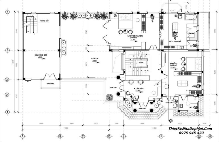 Bản vẽ biệt thự vườn 250m2 3 tầng mái Thái 