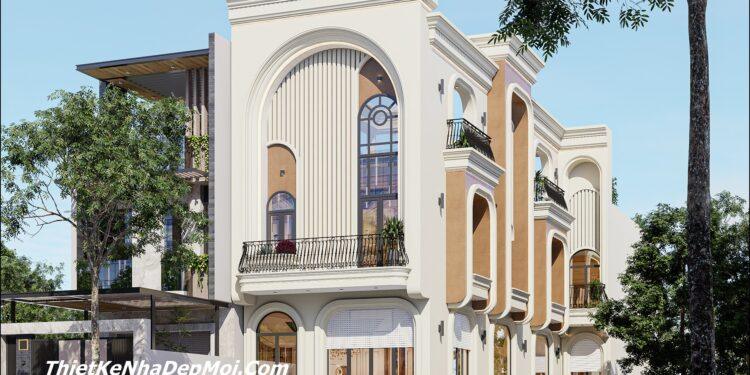 Phối cảnh ngoại thất nhà ống 2.5 tầng đẹp mái bằng phong cách hiện đại Địa Trung Hải kiểu hình chữ L gia đình anh Hồ Văn Quang xu hướng 2027 HOT
