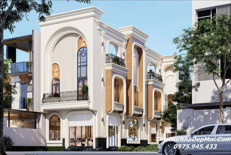 Mẫu nhà 2 tầng 1 tum sân thượng hình chữ L đẹp 2026