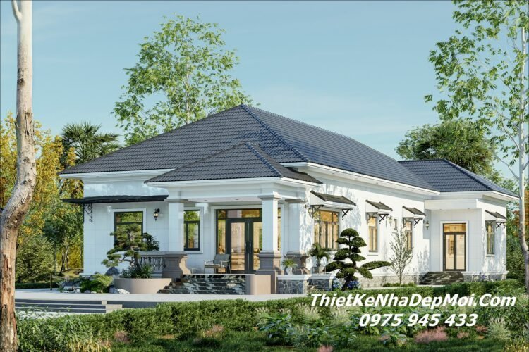 Nhà chữ L mái Nhật 1 tầng 180m2 ngang rộng 12m dài sâu 17m 