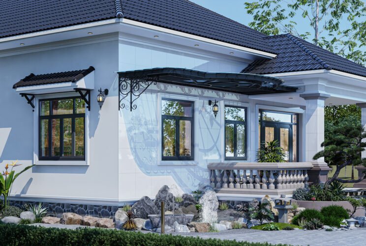 Mẫu thiết kế nhà vườn 1 tầng 4 phòng ngủ 1 phòng thờ mái Nhật 180m2