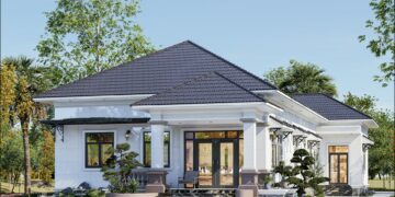 Mẫu nhà mái Nhật chữ L 1 tầng sân vườn lợp ngói 180m2 hiện đại chú Tuấn Mẫu nhà cấp bốn mái Nhật hình chữ L 4 phòng ngủ 1 phòng thờ rộng