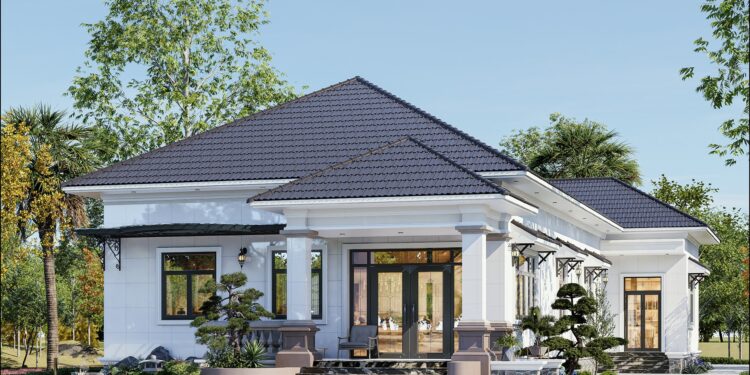 Mẫu nhà cấp bốn mái Nhật hình chữ L 4 phòng ngủ 1 phòng thờ rộng