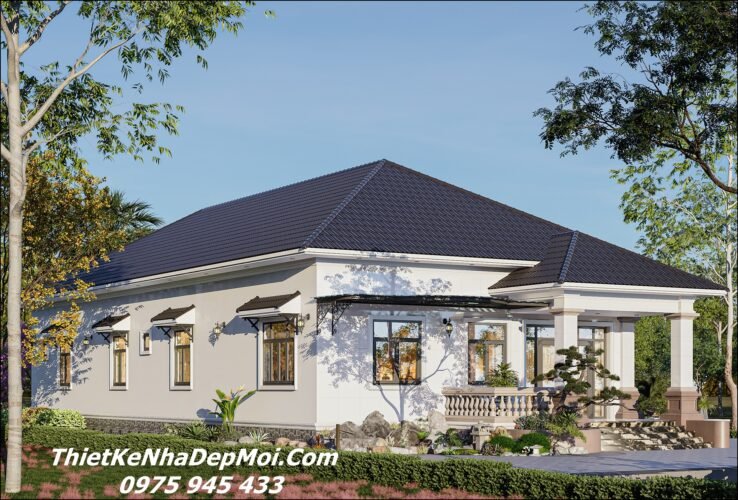 Mẫu nhà vườn đẹp 180m2 hình chữ L mái ngói hiện đại đơn giản 