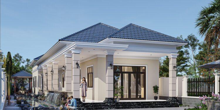Bản vẽ thiết kế 3D kiến trúc nhà cấp 4 có sân vườn đẹp phong cách hiện đại kiểu Nhật Bản lợp ngói ở quê nông thôn vùng ngoại ô 2026 - 2027 diện tích 8x20m