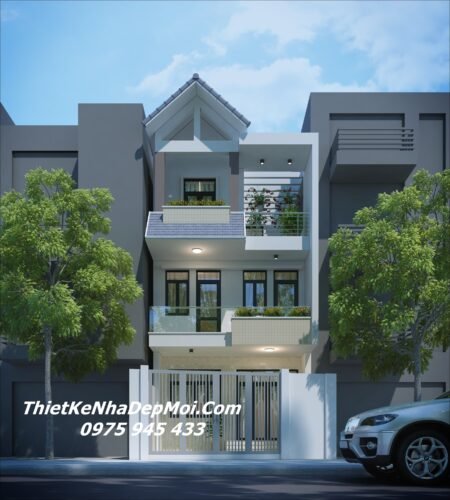 Hồ sơ xây dựng nhà 2 tầng 1 tum đẹp hiện đại vợ chồng chị Hồng Nhung Nhà mặt tiền 6m 2 tầng 1 tum sân thượng mái Thái 90m2