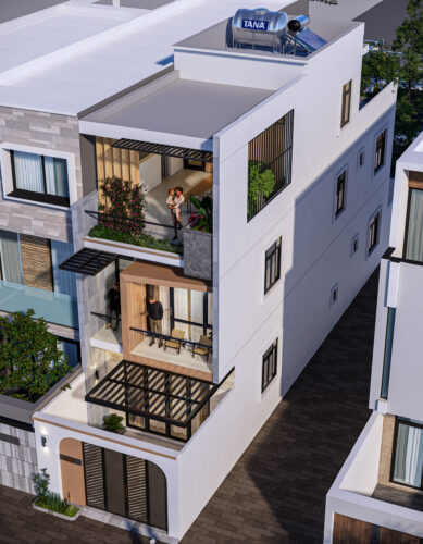 Hồ sơ xây dựng nhà 2 tầng 1 tum đẹp hiện đại vợ chồng chị Hồng Nhung Thiết kế nhà phố 4x20m hiện đại 2 tầng rưỡi có sân thượng mái che