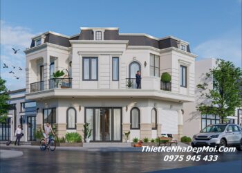 Mẫu nhà 3 mặt tiền bị xéo góc đẹp 2 tầng tân cổ điển