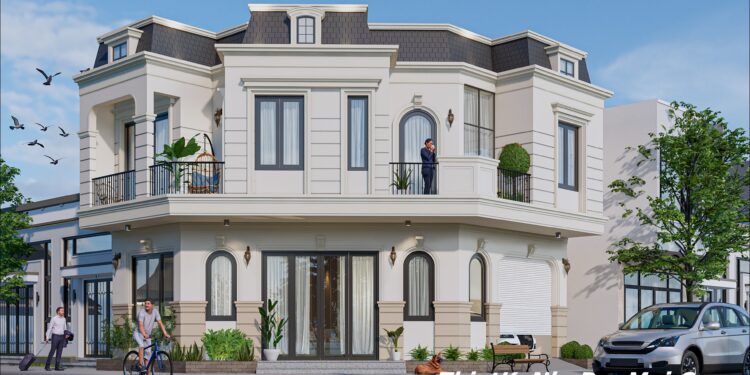 Khám phá mẫu thiết kế nhà góc 3 mặt tiền kiểu Pháp ông Bùi Hữu Hoà Mẫu nhà 3 mặt tiền bị xéo góc đẹp 2 tầng tân cổ điển