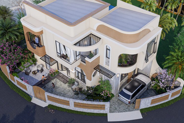 Khám phá mẫu thiết kế nhà góc 3 mặt tiền kiểu Pháp ông Bùi Hữu Hoà Thiết kế nhà 3 mặt tiền 1 trệt 1 lầu