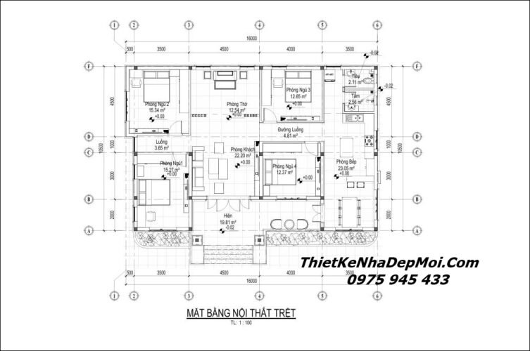 Bản vẽ nhà 1 tầng 4 phòng ngủ 160m2 ở quê nông thôn 