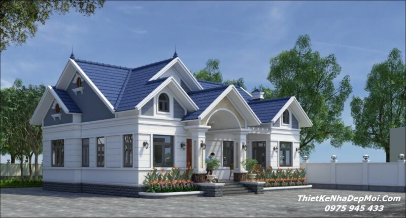 Hình ảnh 3D nhà vườn trệt mái Thái đẹp 4 phòng ngủ 1 phòng thờ 160m2 ngang 16m dài 10m lợp ngói ở quê nông thôn mới năm 2026 -2027