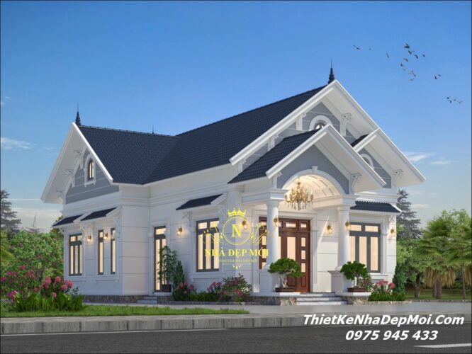 Bản vẽ thiết kế nhà cấp 4 đẹp 9x14m mái Thái ở quê 3 phòng ngủ 1 phòng thờ 