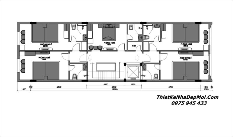 Bản vẽ thiết kế nhà nghỉ 6 tầng có thang máy chị Ngọc Thuỷ Thiết kế nhà nghỉ có thang máy 7x20m 6 tầng