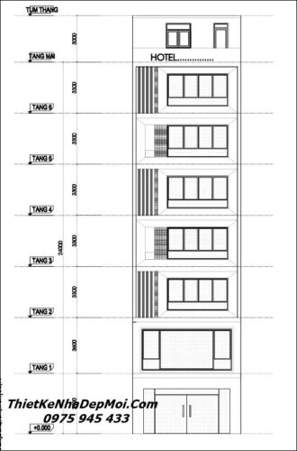 Bản vẽ thiết kế nhà nghỉ 6 tầng có thang máy chị Ngọc Thuỷ Bản vẽ thiết kế nhà nghỉ hiện đại 6 tầng 7x20m