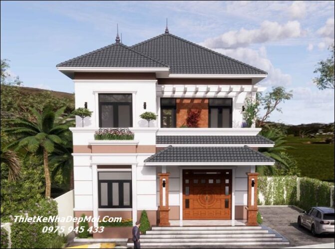 Mẫu nhà 2 tầng mái nhật 4 phòng ngủ 1 phòng thờ Anh Ngân Bản vẽ nhà mái Nhật 2 tầng 10x14m 4 phòng ngủ 1 phòng thờ ở quê nông thôn lợp ngói