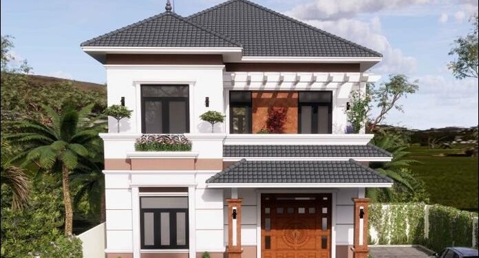 Mẫu nhà 2 tầng mái nhật 4 phòng ngủ 1 phòng thờ Anh Ngân Bản vẽ nhà mái Nhật 2 tầng 10x14m 4 phòng ngủ 1 phòng thờ ở quê nông thôn lợp ngói