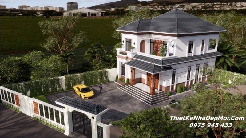 Mẫu nhà 2 tầng mái nhật 4 phòng ngủ 1 phòng thờ Anh Ngân Thiết kế nhà mái Nhật 2 tầng ở nông thôn 4 phòng ngủ rộng 10m dài sâu 14m