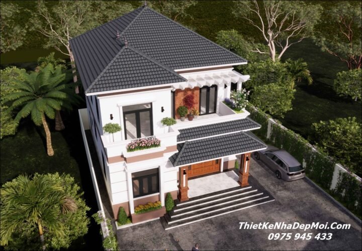 Mẫu nhà 2 tầng mái nhật 4 phòng ngủ 1 phòng thờ Anh Ngân Phối cảnh nhà mặt tiền 10m sâu 14m mái Nhật có bản vẽ xây dựng đầy đủ hoàn chỉnh miễn phí