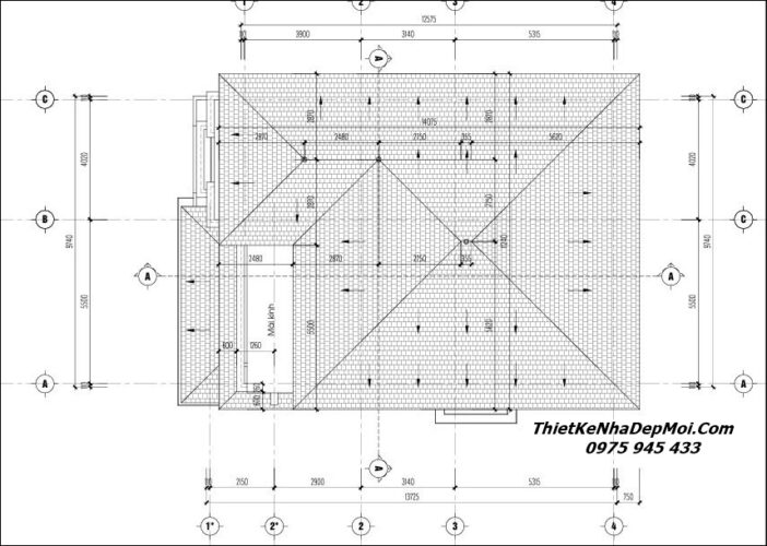 Mẫu nhà 2 tầng mái nhật 4 phòng ngủ 1 phòng thờ Anh Ngân Bản vẽ mái - Thoát nước mái nhà mái Nhật 2 tầng 10x14m