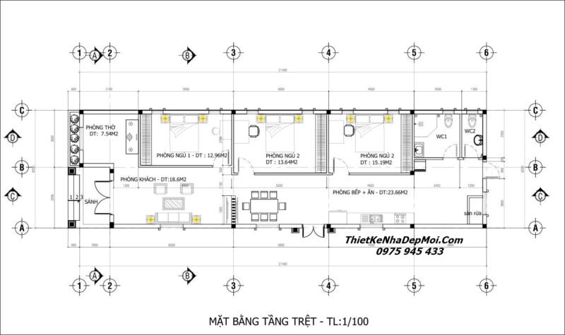 Mẫu nội thất nhà đẹp cấp 4 tối giản không gian hiện đại chị Ngân Bản vẽ thiết kế nhà cấp 4 6x20m 3 phòng ngủ 1 phòng thờ