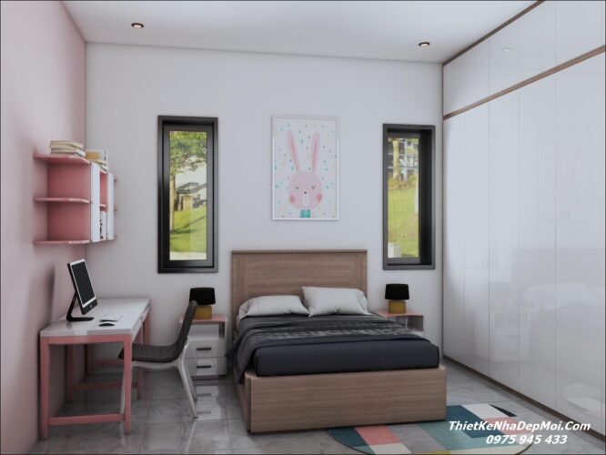 Mẫu nội thất nhà đẹp cấp 4 tối giản không gian hiện đại chị Ngân Mẫu phòng ngủ con gái đẹp phong cách hiện đại của nhà cấp 4 6x20m chị Ngân