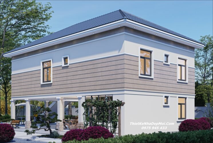 Mẫu thiết kế nhà sàn mái Nhật đẹp bê tông hiện đại anh Quang Mẫu thiết kế nhà 1 hầm 1 trệt mái Nhật hay còn gọi là nhà 1 tầng hầm 1 tầng nổi hiện đại mái nhật 9x15m = 135m2
