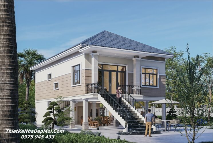 Mẫu thiết kế nhà sàn mái Nhật đẹp bê tông hiện đại anh Quang Hình ảnh nhà sàn bê tông cốt thép mái Nhật đẹp 1 tầng diện tích 9x15m 4 phòng ngủ 1 phòng thờ 135m2