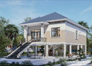 Mẫu thiết kế nhà sàn mái Nhật đẹp bê tông hiện đại anh Quang Bản vẽ nhà sàn bê tông mái Nhật hiện đại kích thước 9x15m nông thôn
