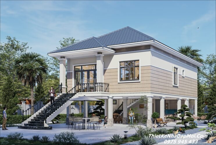 Mẫu thiết kế nhà sàn mái Nhật đẹp bê tông hiện đại anh Quang Bản vẽ nhà sàn bê tông mái Nhật hiện đại kích thước 9x15m nông thôn