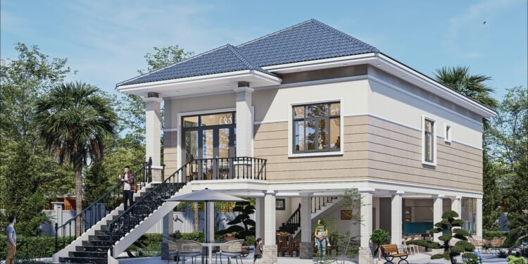 Mẫu thiết kế nhà sàn mái Nhật đẹp bê tông hiện đại anh Quang Bản vẽ nhà sàn bê tông mái Nhật hiện đại kích thước 9x15m nông thôn