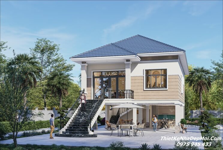 Mẫu thiết kế nhà sàn mái Nhật đẹp bê tông hiện đại anh Quang Mẫu nhà sàn có sân vườn đẹp 1.5 tầng mái Nhật 4 phòng ngủ 1 phòng thờ kích thước thiết kế 9x15m hiện đại mái ngói