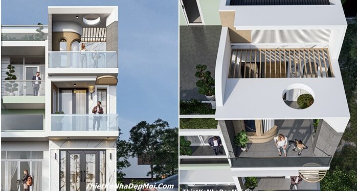 Bản vẽ thiết kế nhà xinh 60m2 3 tầng đẹp thông thoáng hiện đại có giếng trời 4 phòng ngủ mặt phố 3.5m giá rẻ