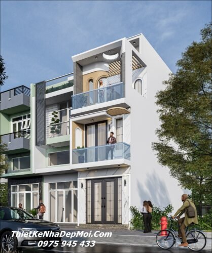 Mẫu nhà 3 tầng đẹp mặt tiền 3.5m thiết kế tinh tế ấn tượng mới 2026 - 2027 Mẫu nhà mặt tiền 3.5m 4 phòng ngủ 1 phòng thờ 60m2