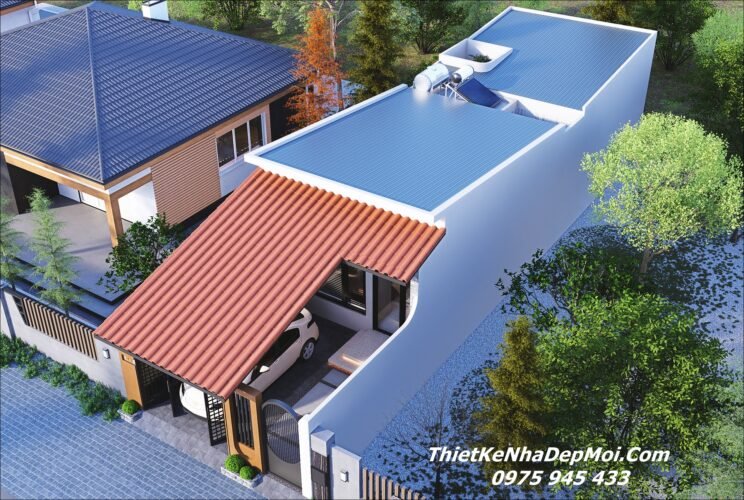 Mẫu thiết kế nhà ống 1 tầng có giếng trời có cây xanh trong nhà Nhà ống 1 tầng có giếng trời hiện đại mái tôn