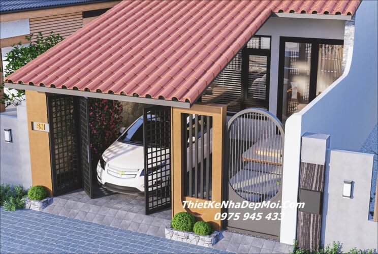 Mẫu thiết kế nhà ống 1 tầng có giếng trời có cây xanh trong nhà Thiết kế nhà ống mặt tiền ngang 6m có sân vườn giếng trời đơn giản